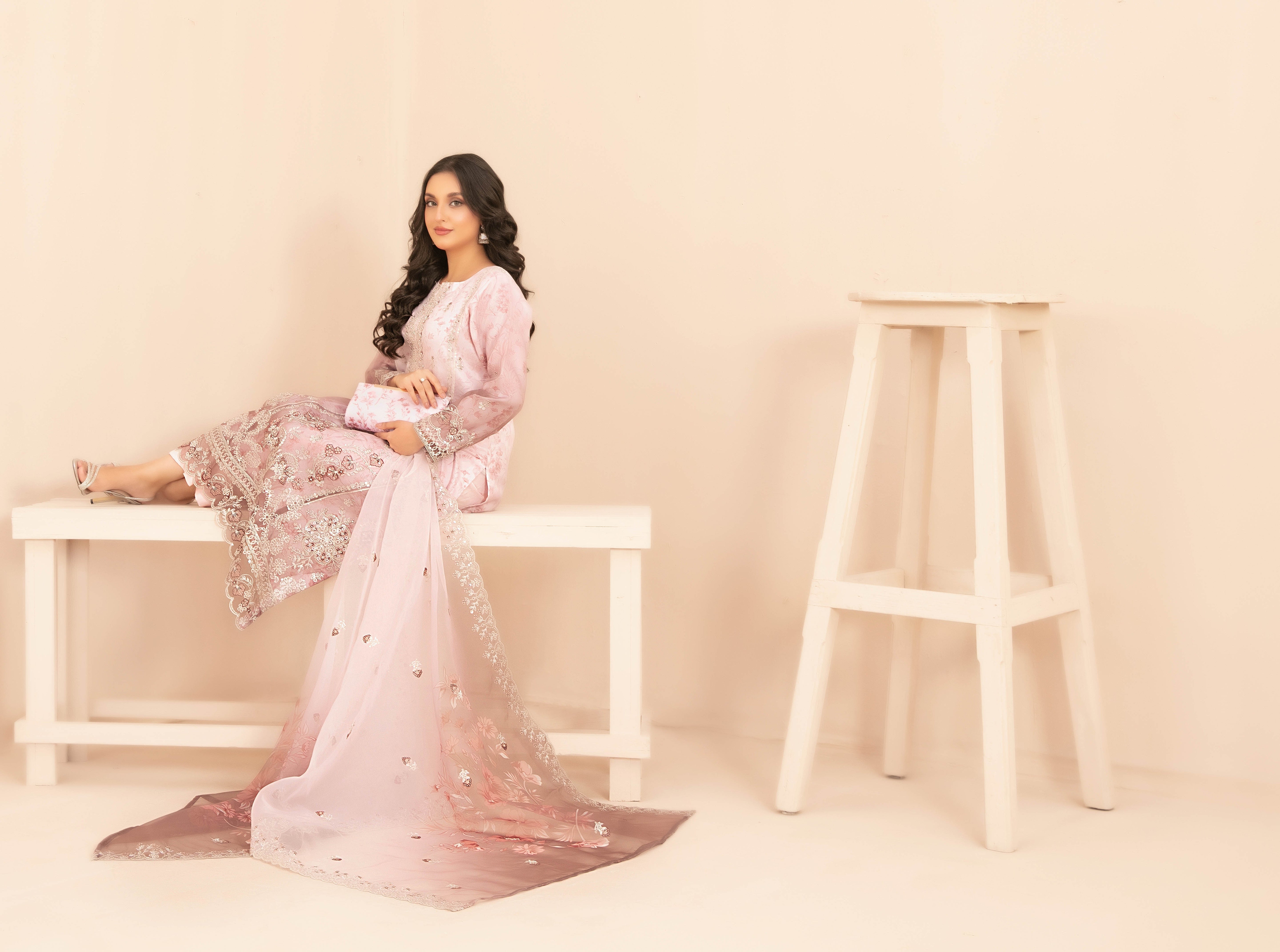 Naqsh With Clutch 3pcs Semi-Stitched Fancy Emb Organza