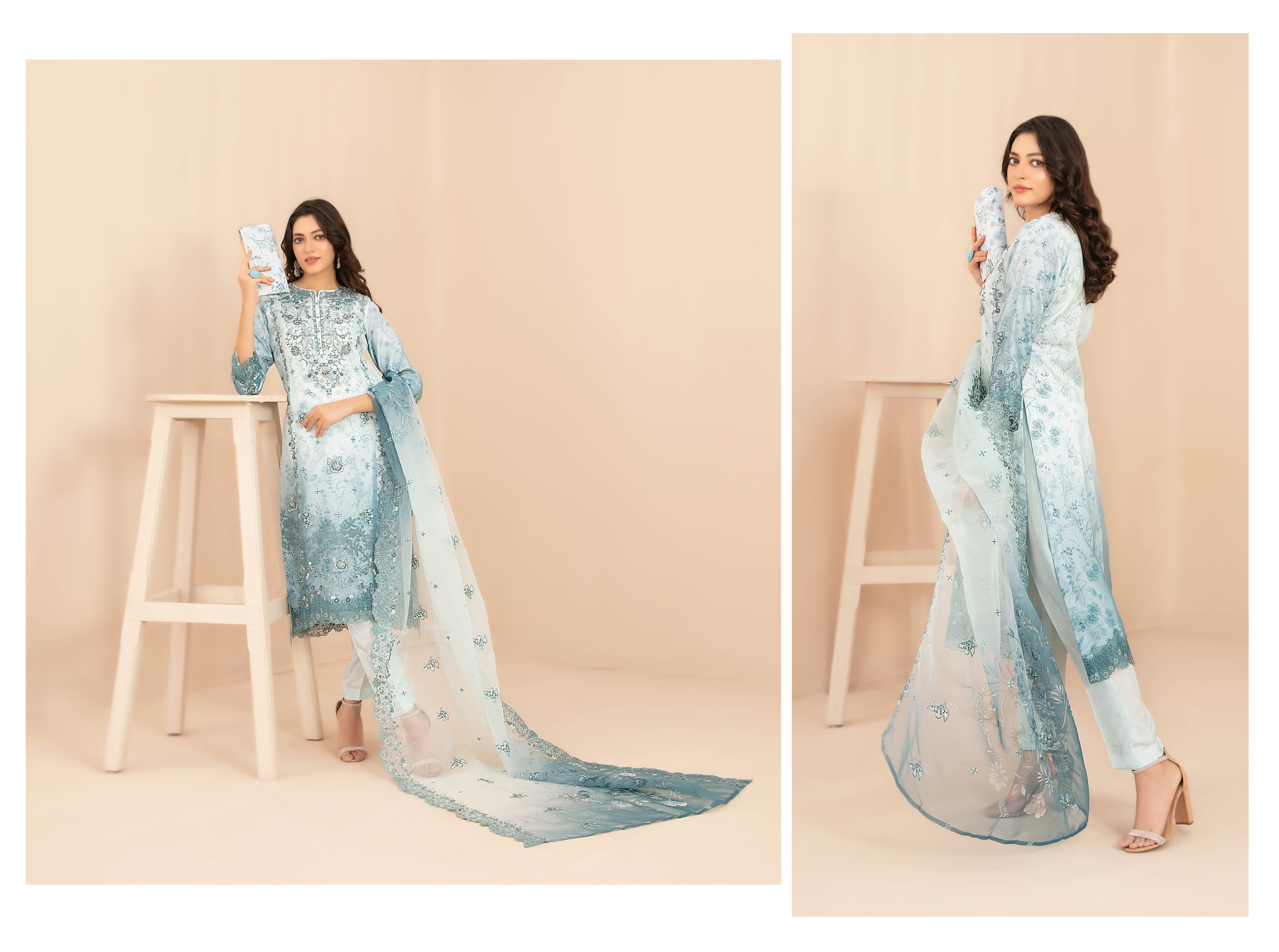 Naqsh With Clutch 3pcs Semi-Stitched Fancy Emb Organza