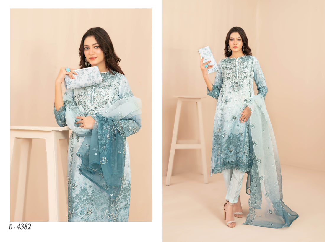 Naqsh With Clutch 3pcs Semi-Stitched Fancy Emb Organza