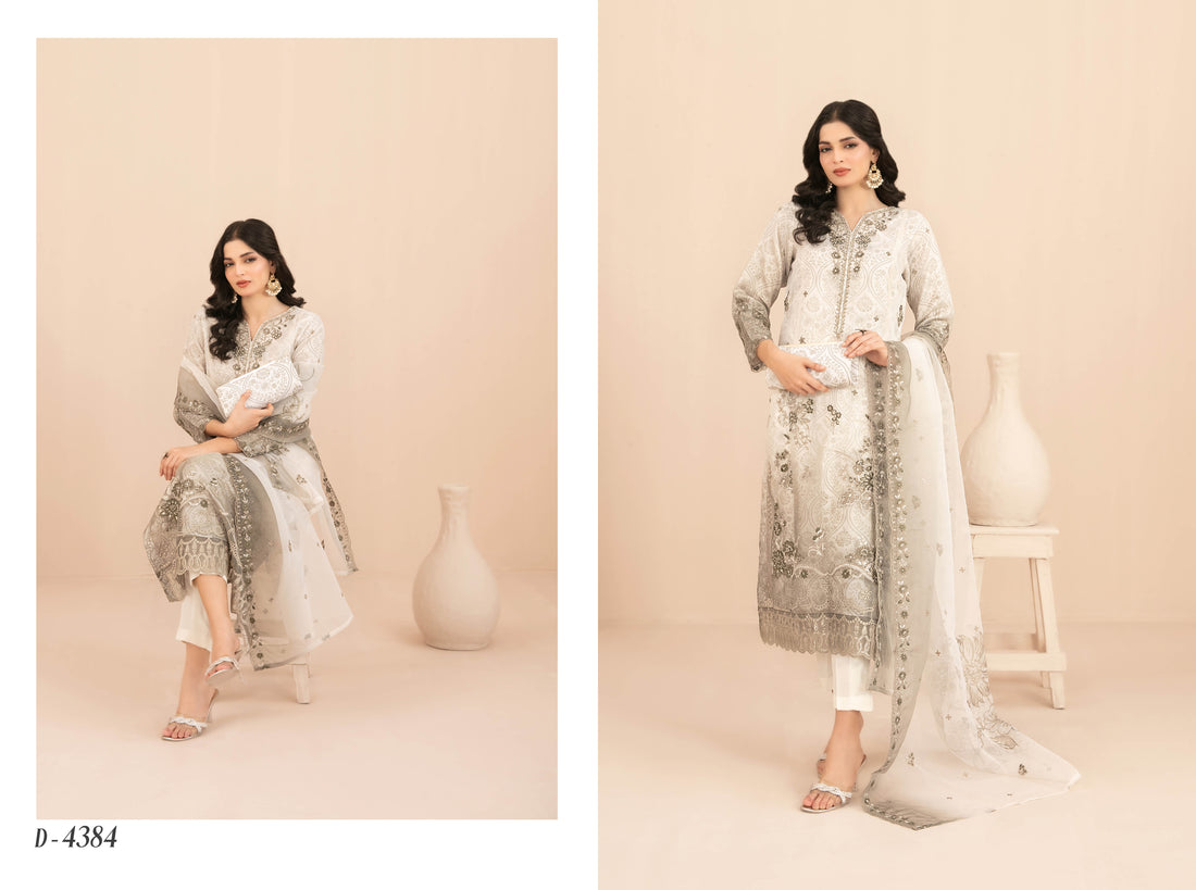 Naqsh With Clutch 3pcs Semi-Stitched Fancy Emb Organza