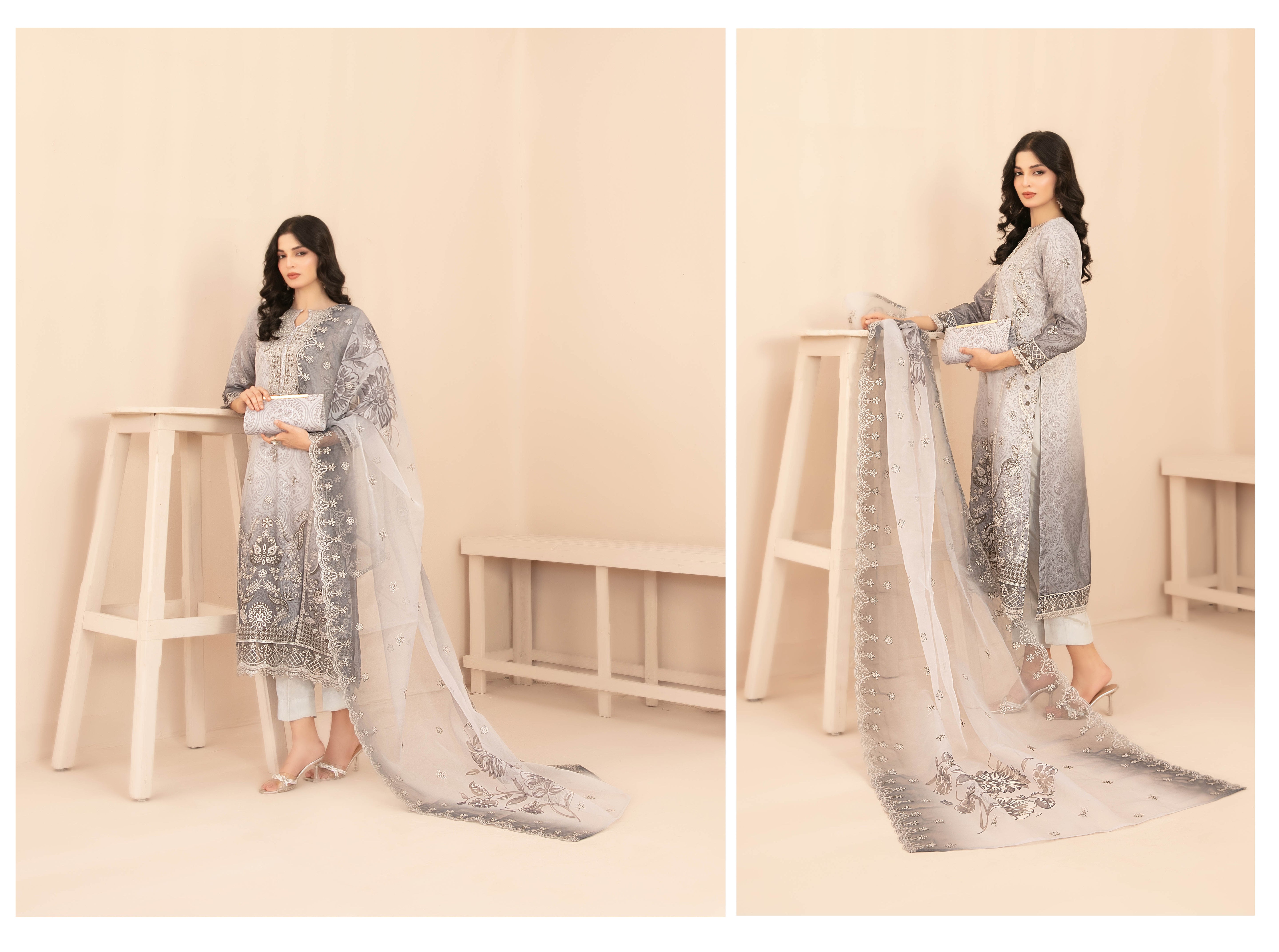 Naqsh With Clutch 3pcs Semi-Stitched Fancy Emb Organza