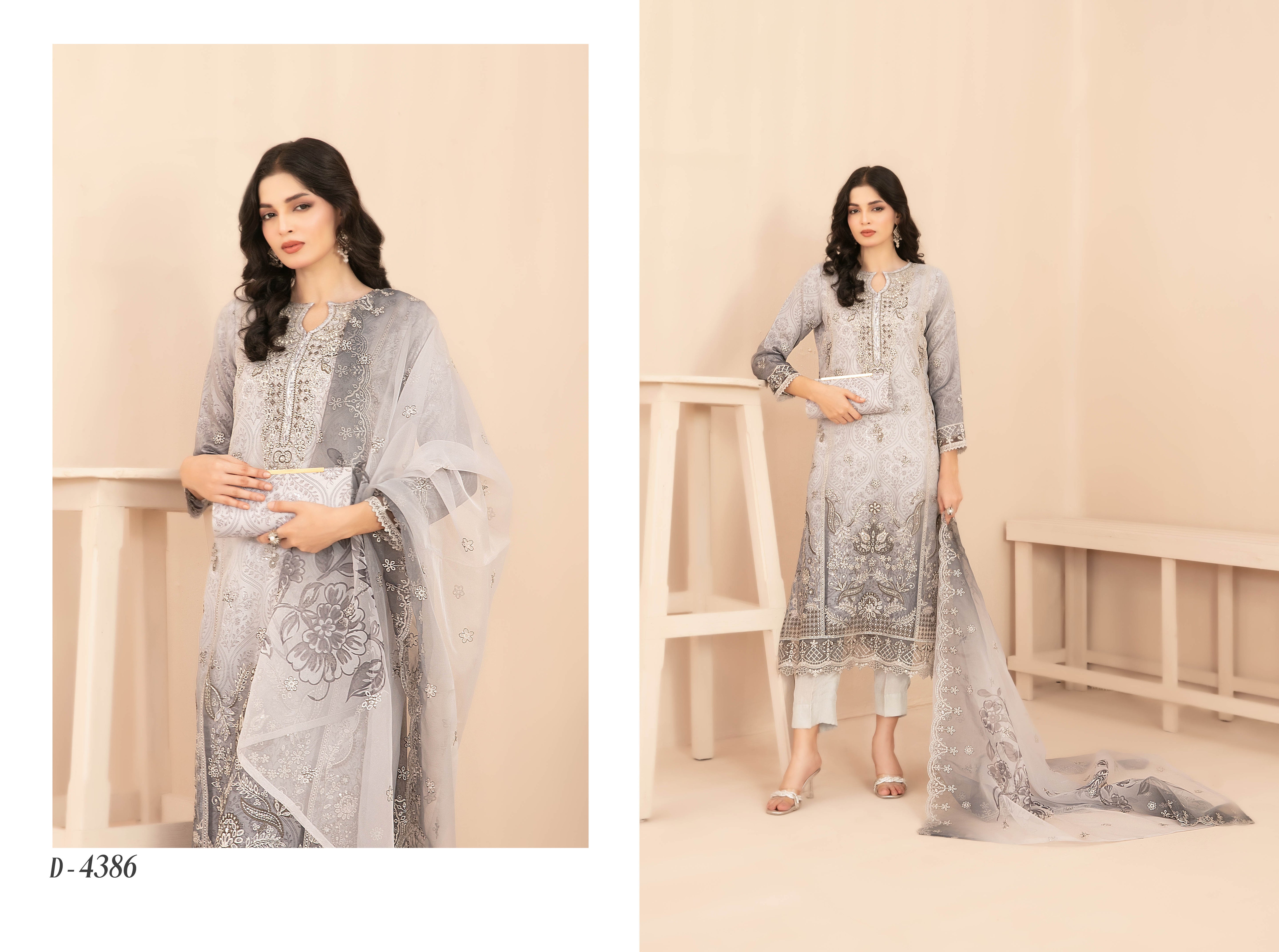 Naqsh With Clutch 3pcs Semi-Stitched Fancy Emb Organza