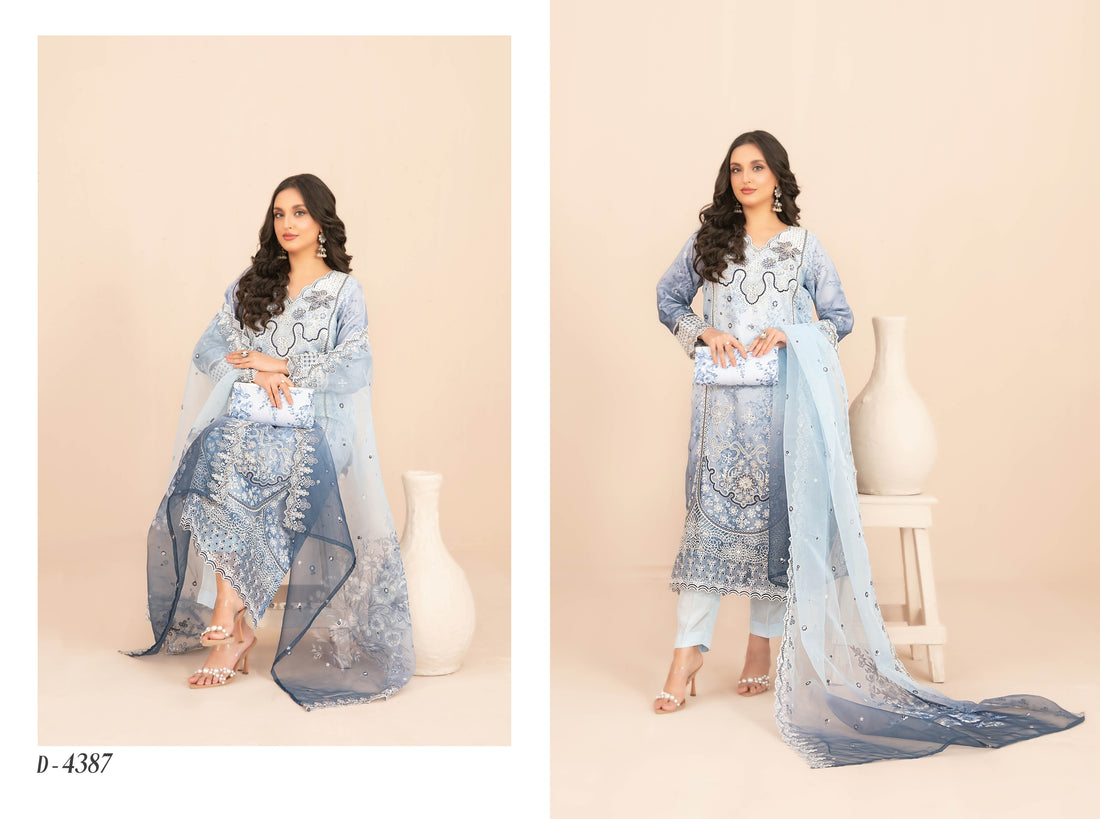 Naqsh With Clutch 3pcs Semi-Stitched Fancy Emb Organza