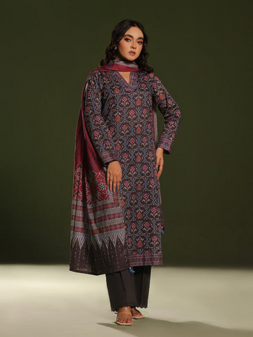 3Pc Printed Pret Suit Cambric Charcoal