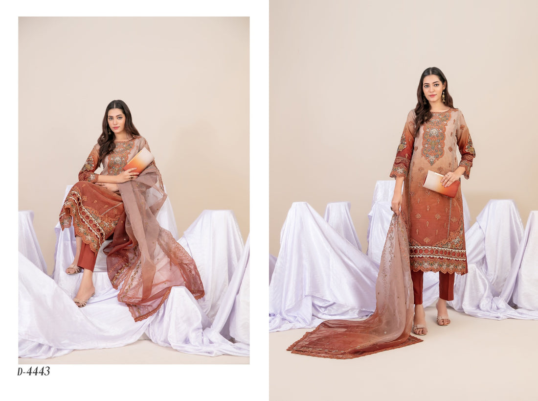 Guzarish Stitched Fancy Emb Organza 3pcs With Clutch